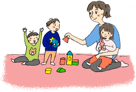 子供たちと一緒に積み木で遊ぶ人のイラスト